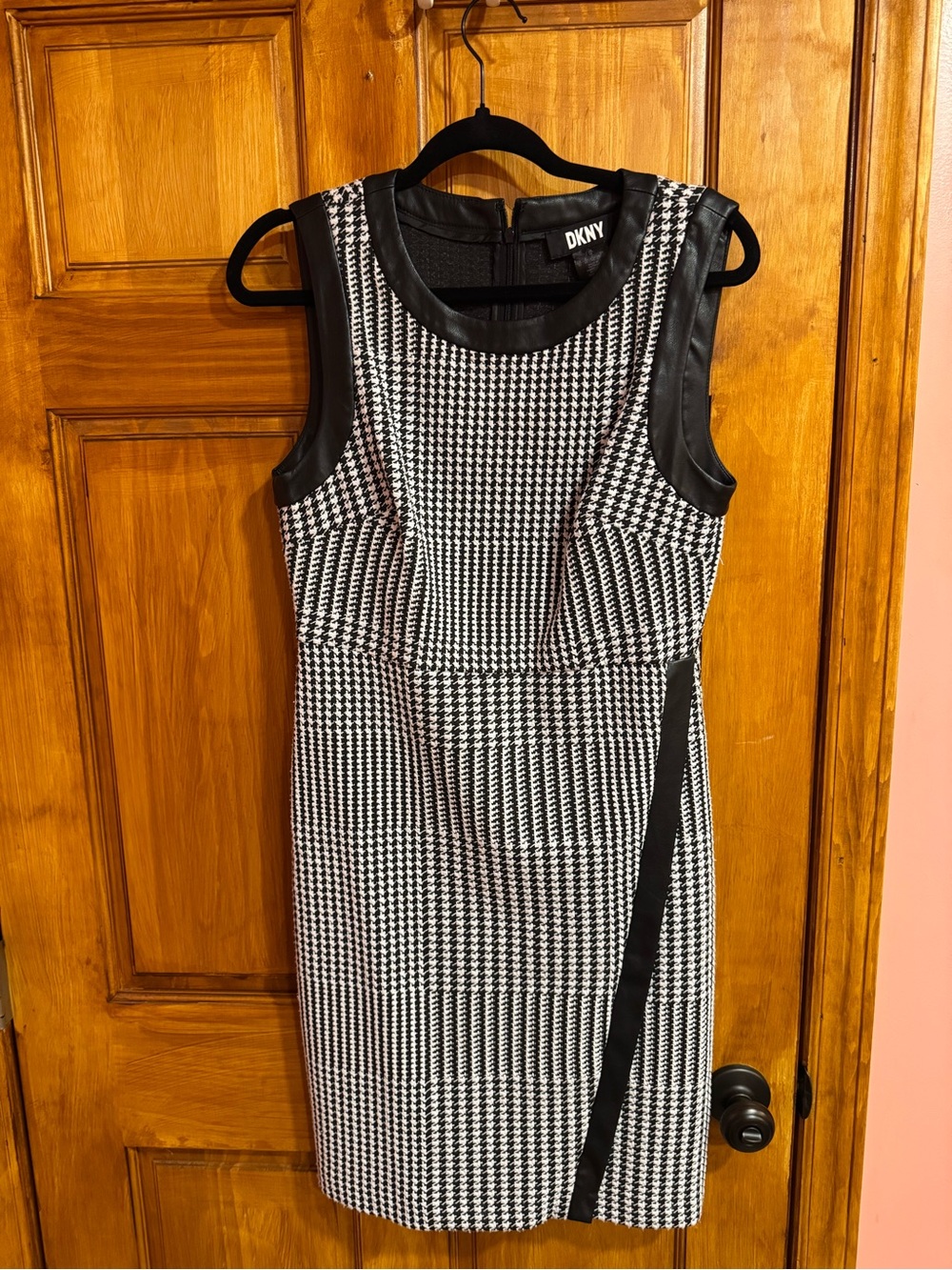 DKNY Black and White Houndstooth Sheath with Faux Leather Trim